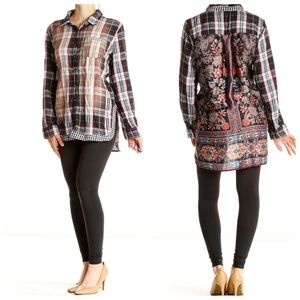 Aratta Mixed Print Plaid Paisley Button Down Hi- Lo Tunic Shirt Size S Like New